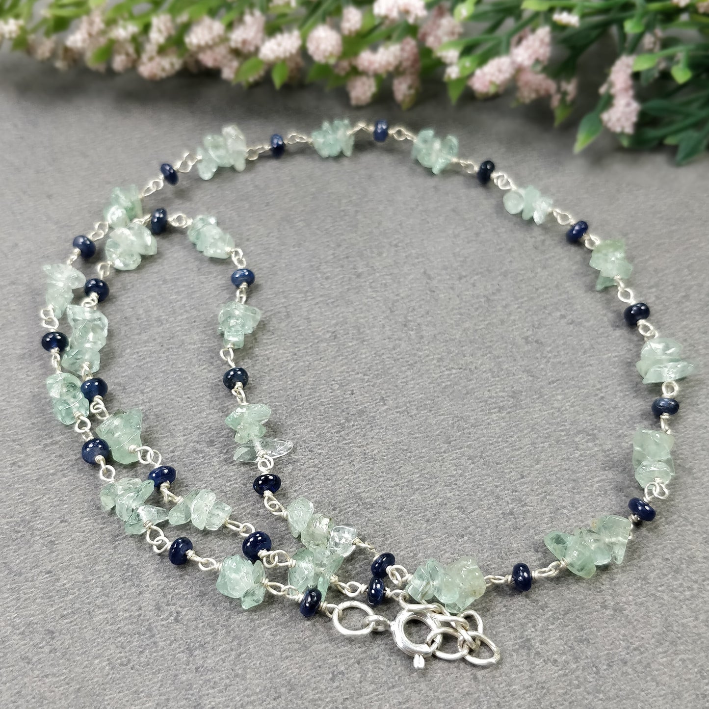 BLUE SAPPHIRE EMERALD Gemstones Raw Uncut Beads : Natural Emerald Blue Sapphire Sterling Silver Chain Necklace 17" Gift For Her