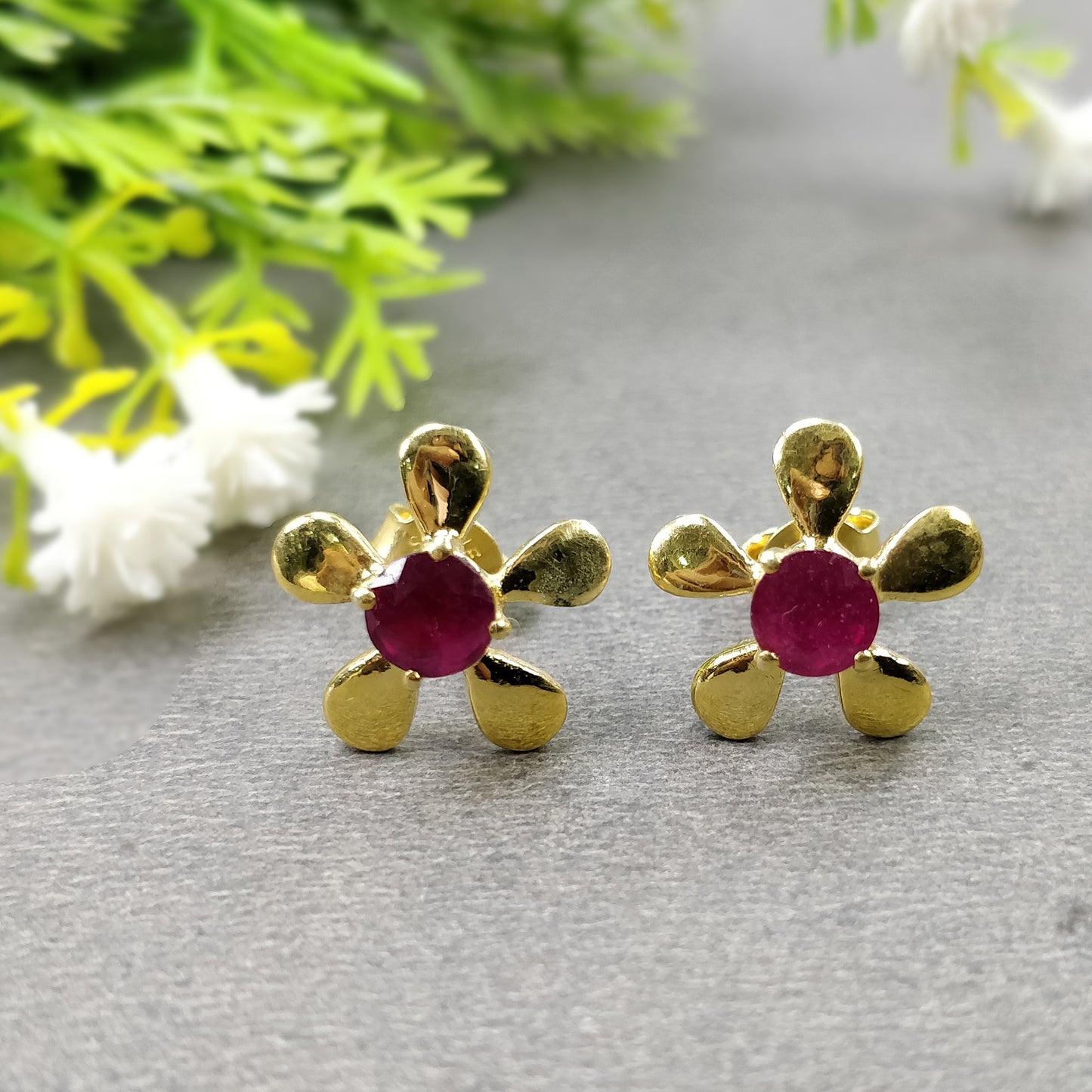 RUBY Gemstone 925 Sterling Silver Earrings : Natural Glass Filled Prong Set Silver & Yellow Gold Plated Push Back Floral Stud Earrings 0.5"