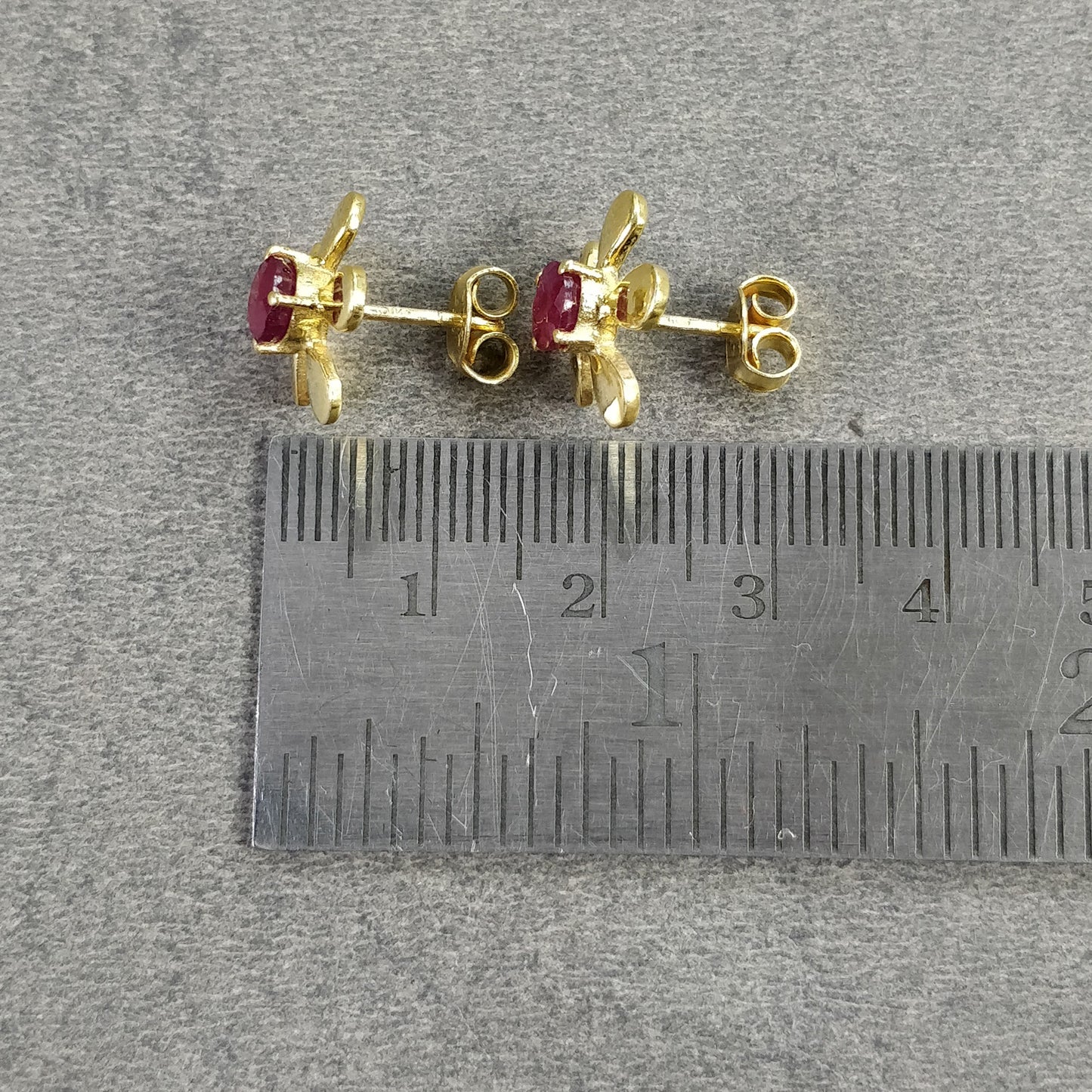 RUBY Gemstone 925 Sterling Silver Earrings : Natural Glass Filled Prong Set Silver & Yellow Gold Plated Push Back Floral Stud Earrings 0.5"