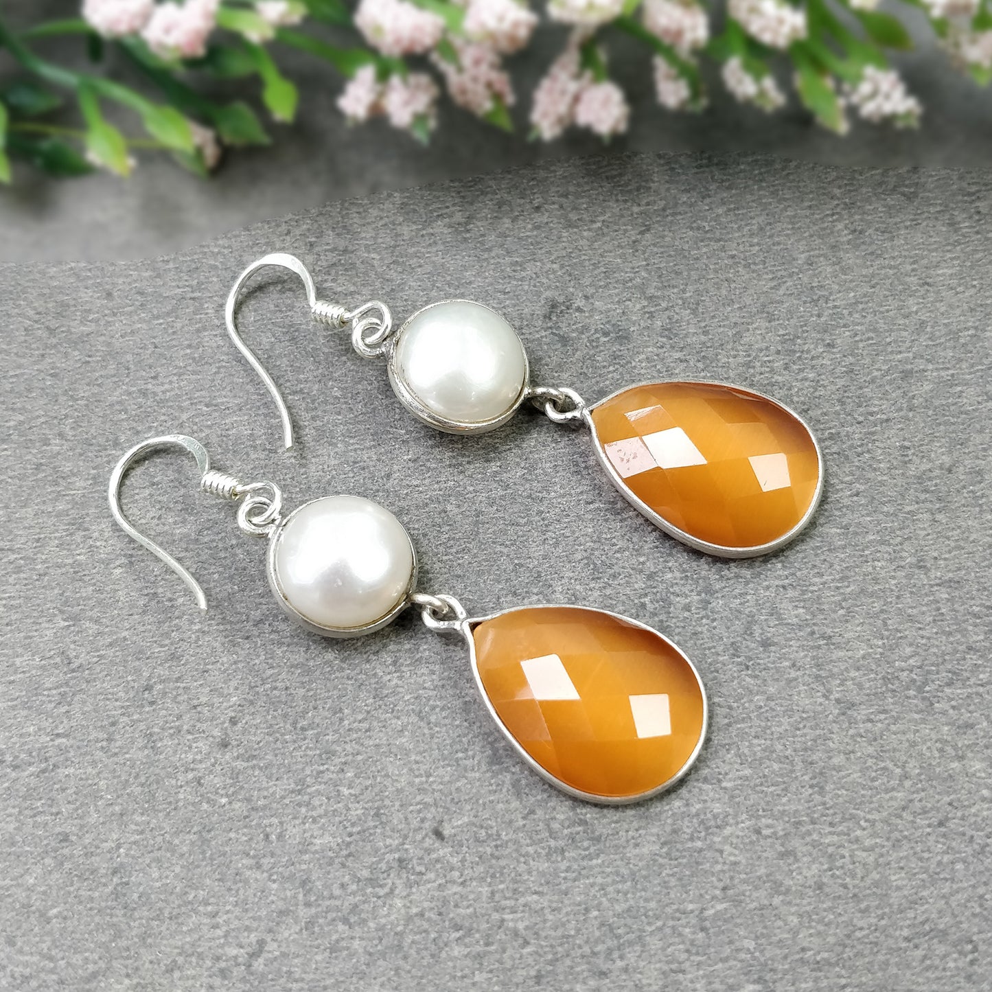 PEARL & Synthetic Rhinestone Gemstone 925 Sterling Silver Earring : 7.11gms Manmade Bezel Set Drop Dangle Hook Earrings 2"