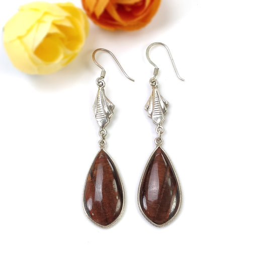 TIGER EYE Gemstone Earrings : 7.08gms Natural Tiger Eye 925 Sterling Silver Brown Cabochon Bezel Set Drop Dangle Earring 2.75"