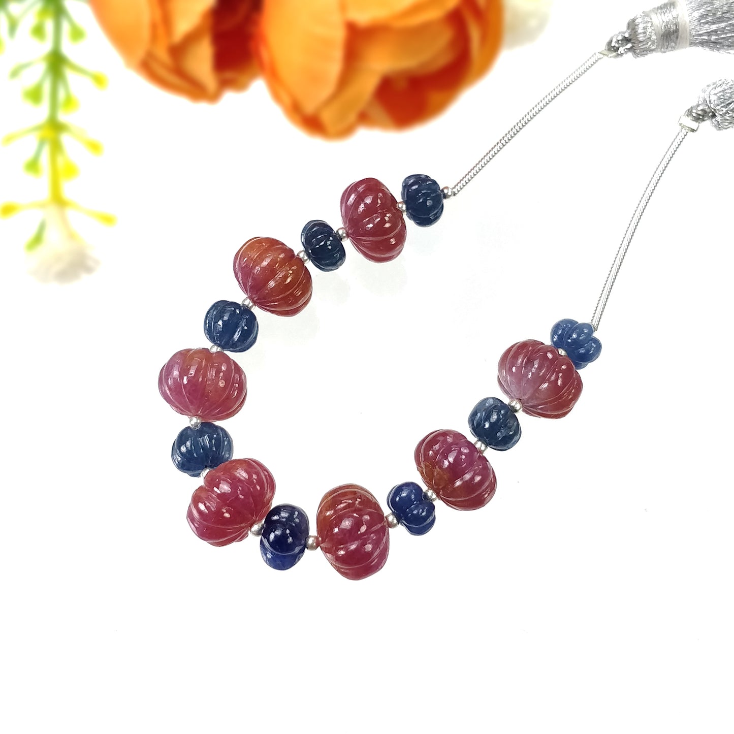 RUBY Blue SAPPHIRE Gemstone Carving Loose Beads : 69.25cts Natural Untreated Round Shape Hand Carved Melon Beads 6mm - 10.5mm