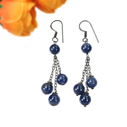 BLUE SAPPHIRE 925 Sterling Silver Earrings : 8.390gms Natural Triple Dangle Victorian Round Plain Beaded Hook Earrings 2.50"