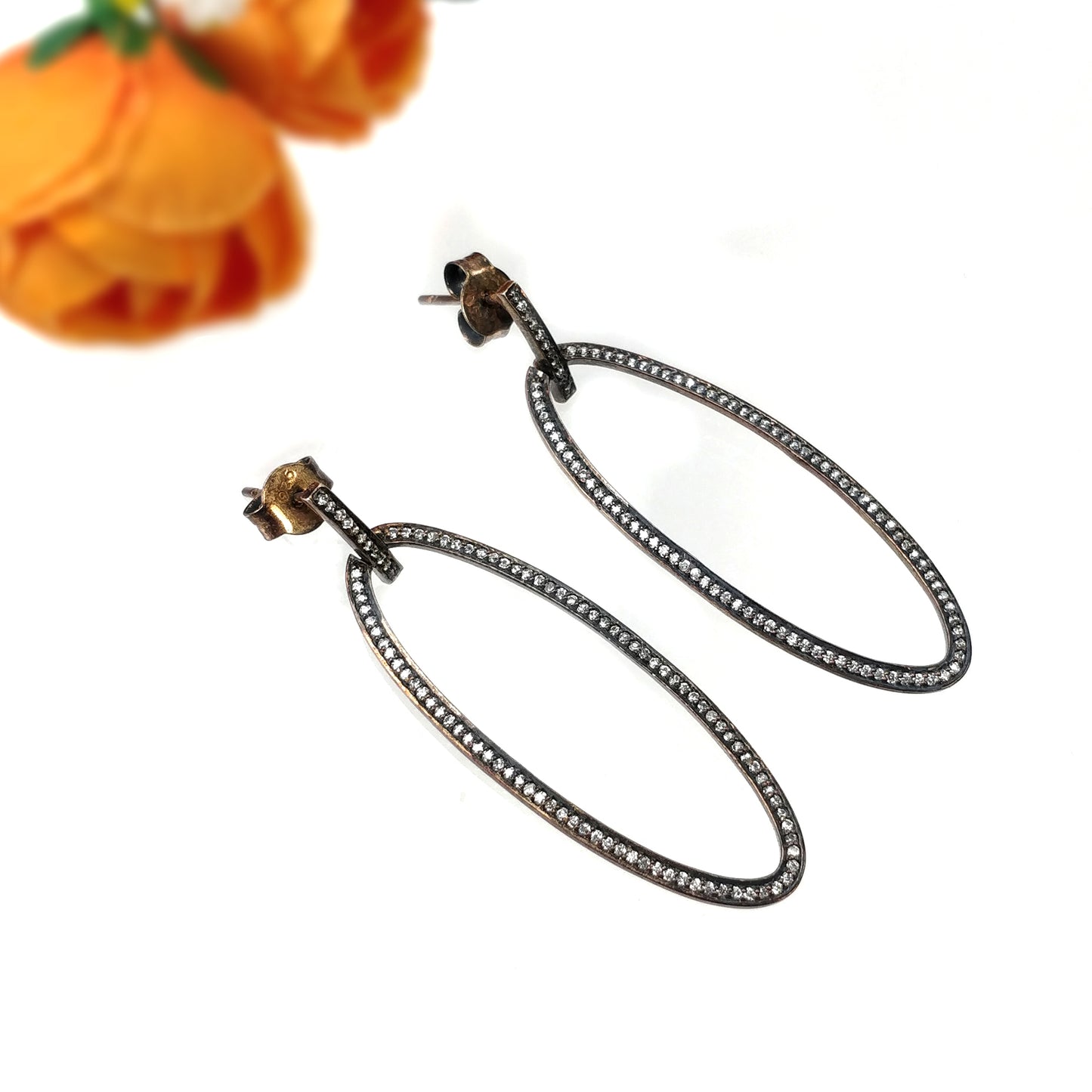 CUBIC ZIRCONIA 925 Sterling Silver Earrings : 5.40gms Oval Shape Victorian Push Back Bezel Set Hoop Fashion Earring 2.5"