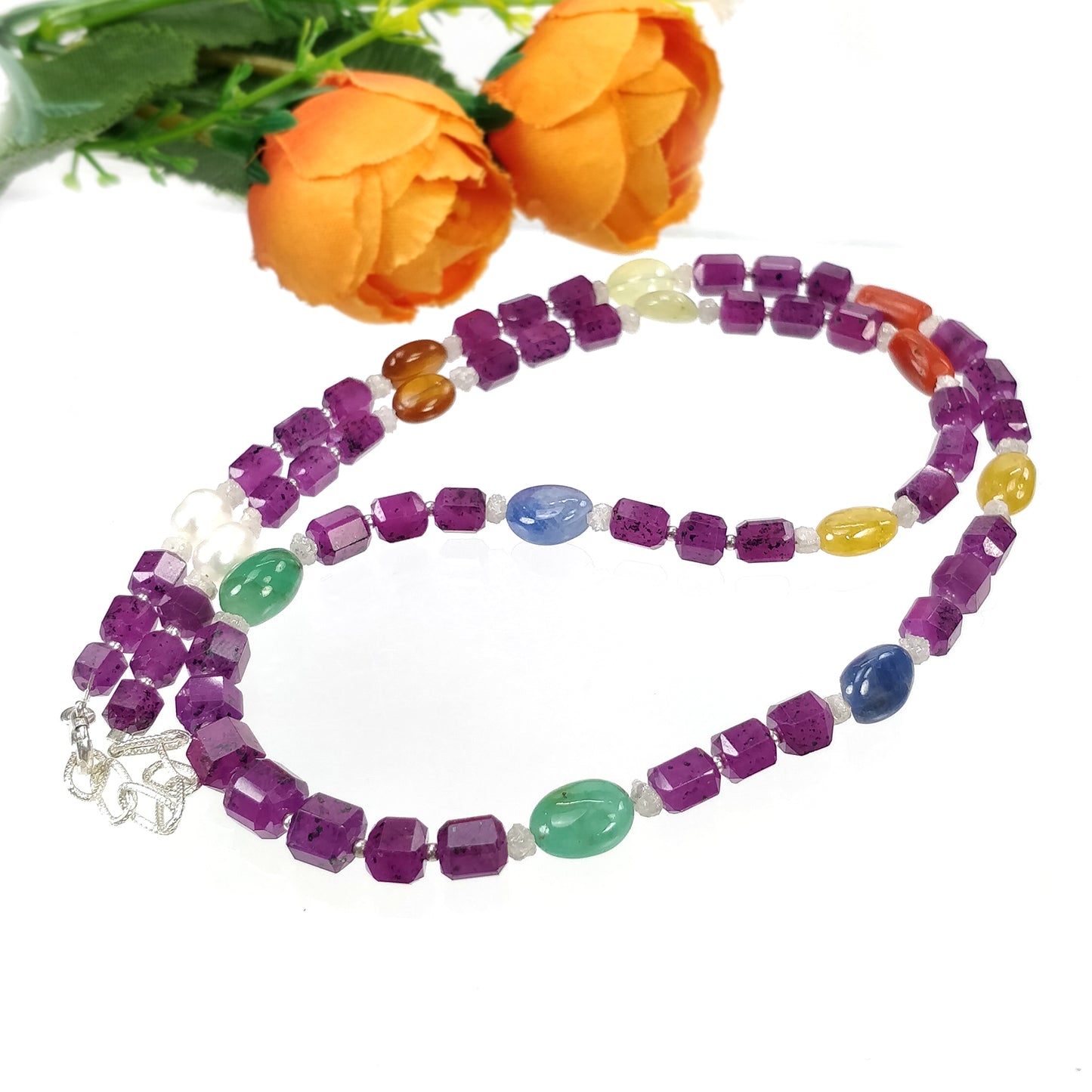 Multi Sapphire Hessonite Coral Diamond Emerald Cat's Eye Pearl Nav Ratan Necklace : 24.55gms Natural 4.5mm - 9*7mm 19"