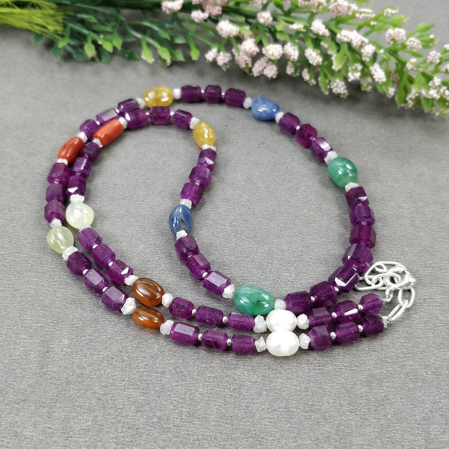 Multi Sapphire Hessonite Coral Diamond Emerald Cat's Eye Pearl Nav Ratan Necklace : 24.55gms Natural 4.5mm - 9*7mm 19"
