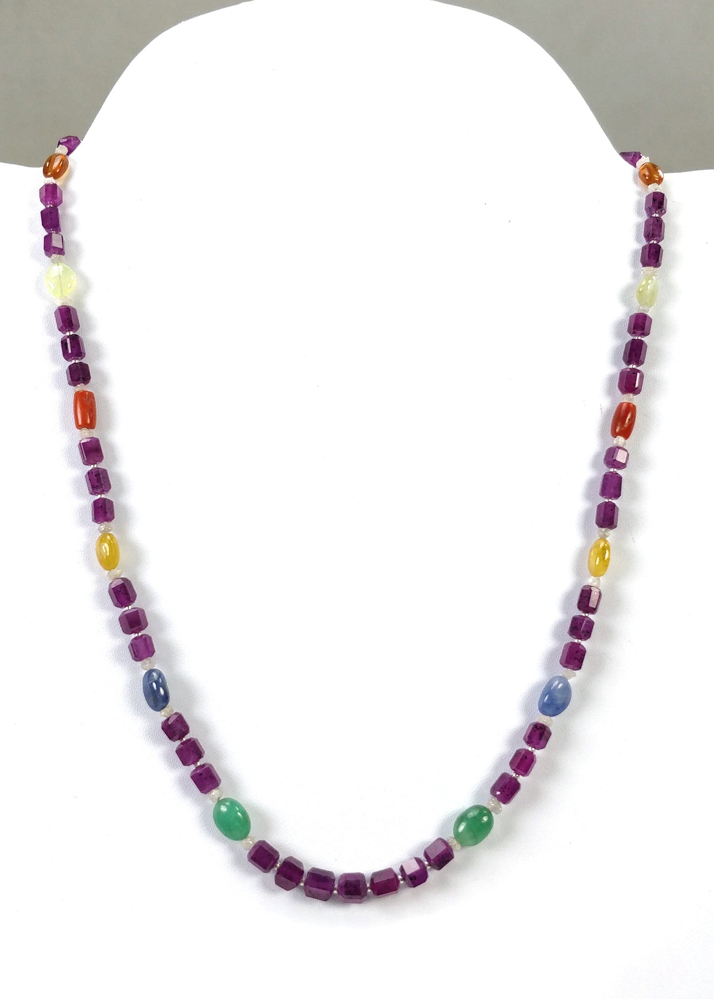 Multi Sapphire Hessonite Coral Diamond Emerald Cat's Eye Pearl Nav Ratan Necklace : 24.55gms Natural 4.5mm - 9*7mm 19"