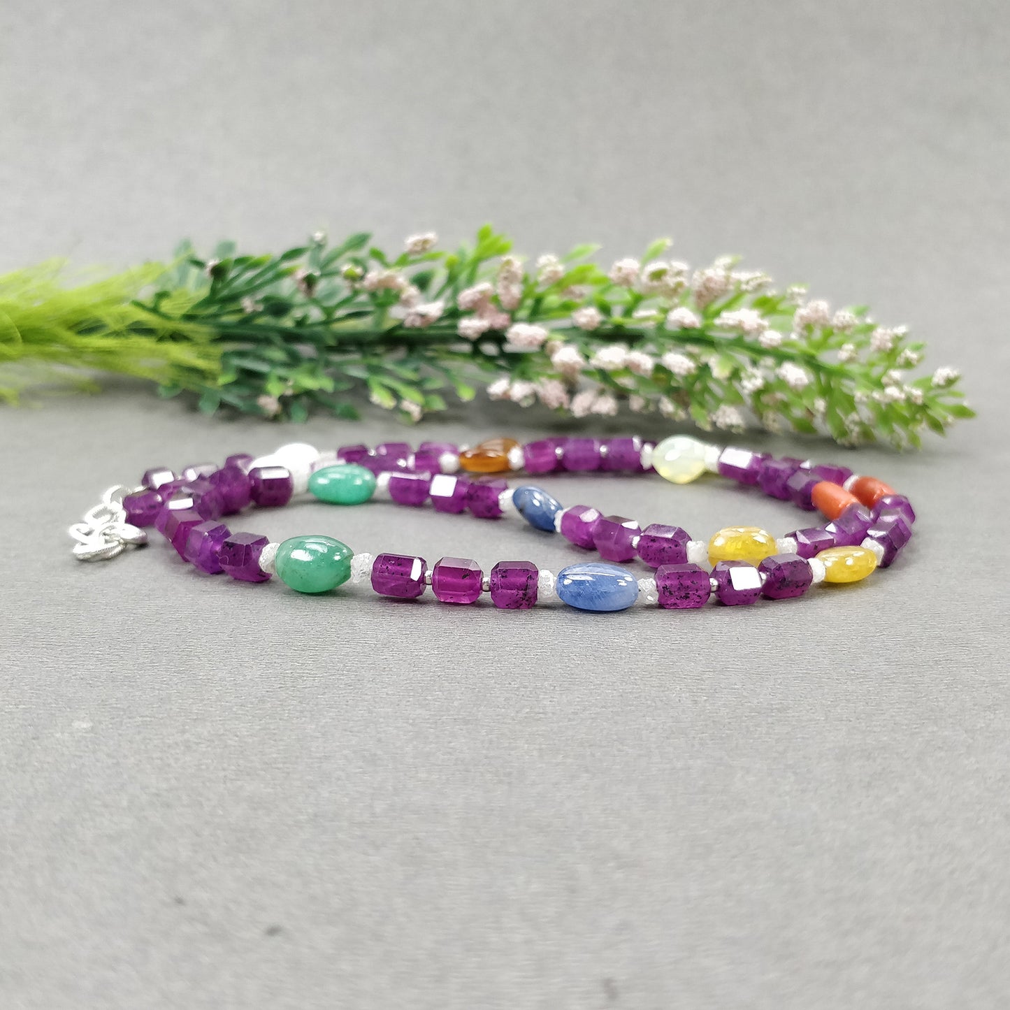 Multi Sapphire Hessonite Coral Diamond Emerald Cat's Eye Pearl Nav Ratan Necklace : 24.55gms Natural 4.5mm - 9*7mm 19"