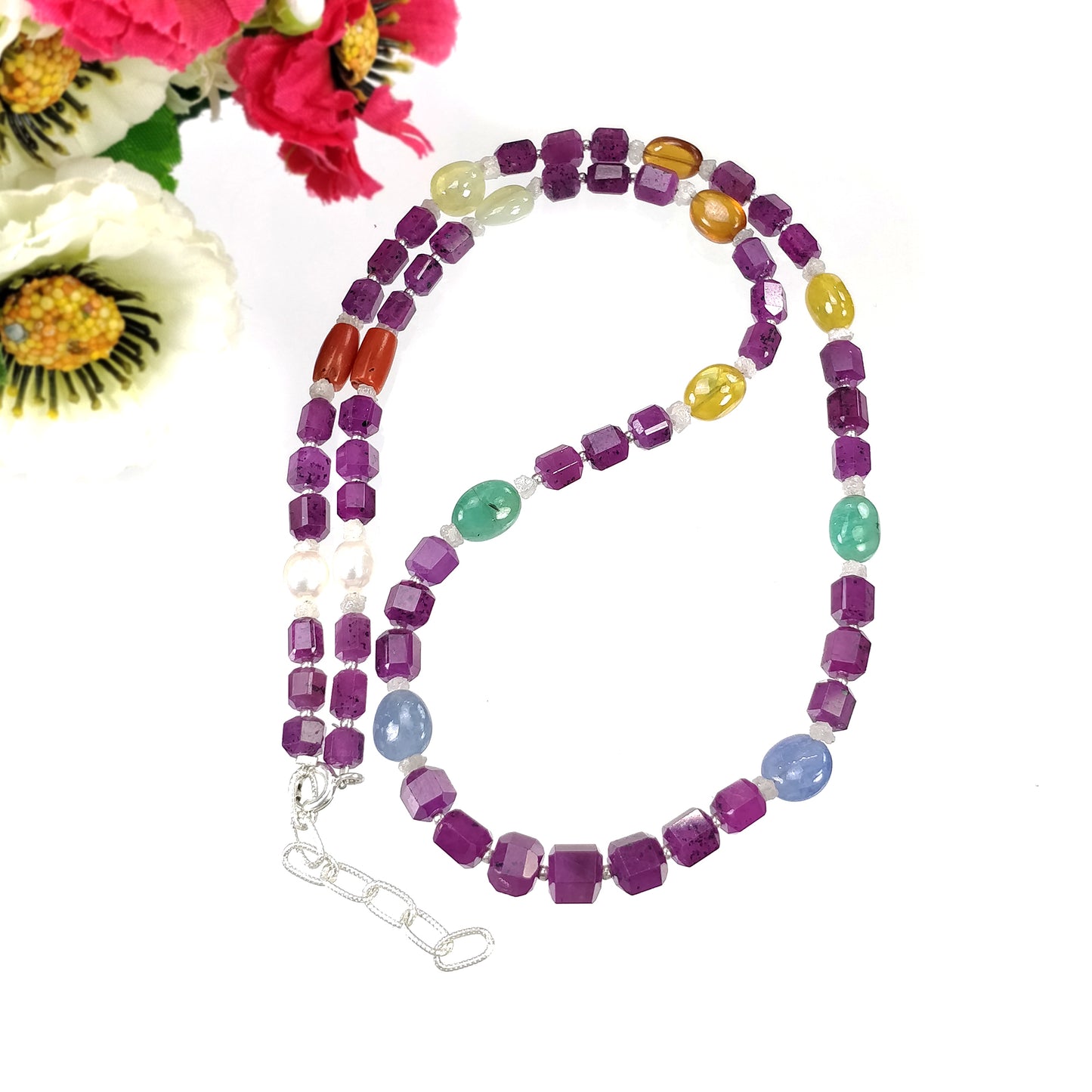 Multi Sapphire Hessonite Coral Diamond Emerald Cat's Eye Pearl Nav Ratan Necklace : 25.60gms Natural 4.5mm - 9*7mm 19.5"