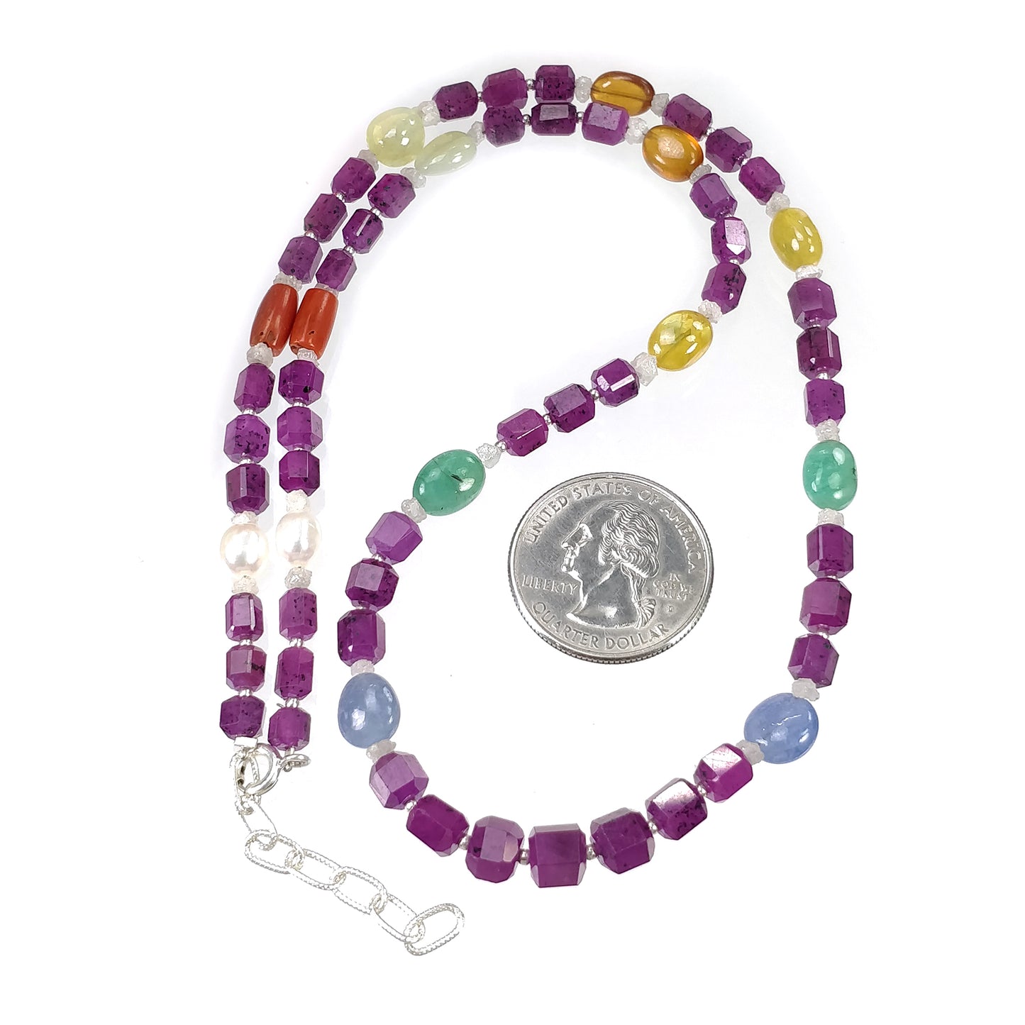 Multi Sapphire Hessonite Coral Diamond Emerald Cat's Eye Pearl Nav Ratan Necklace : 25.60gms Natural 4.5mm - 9*7mm 19.5"