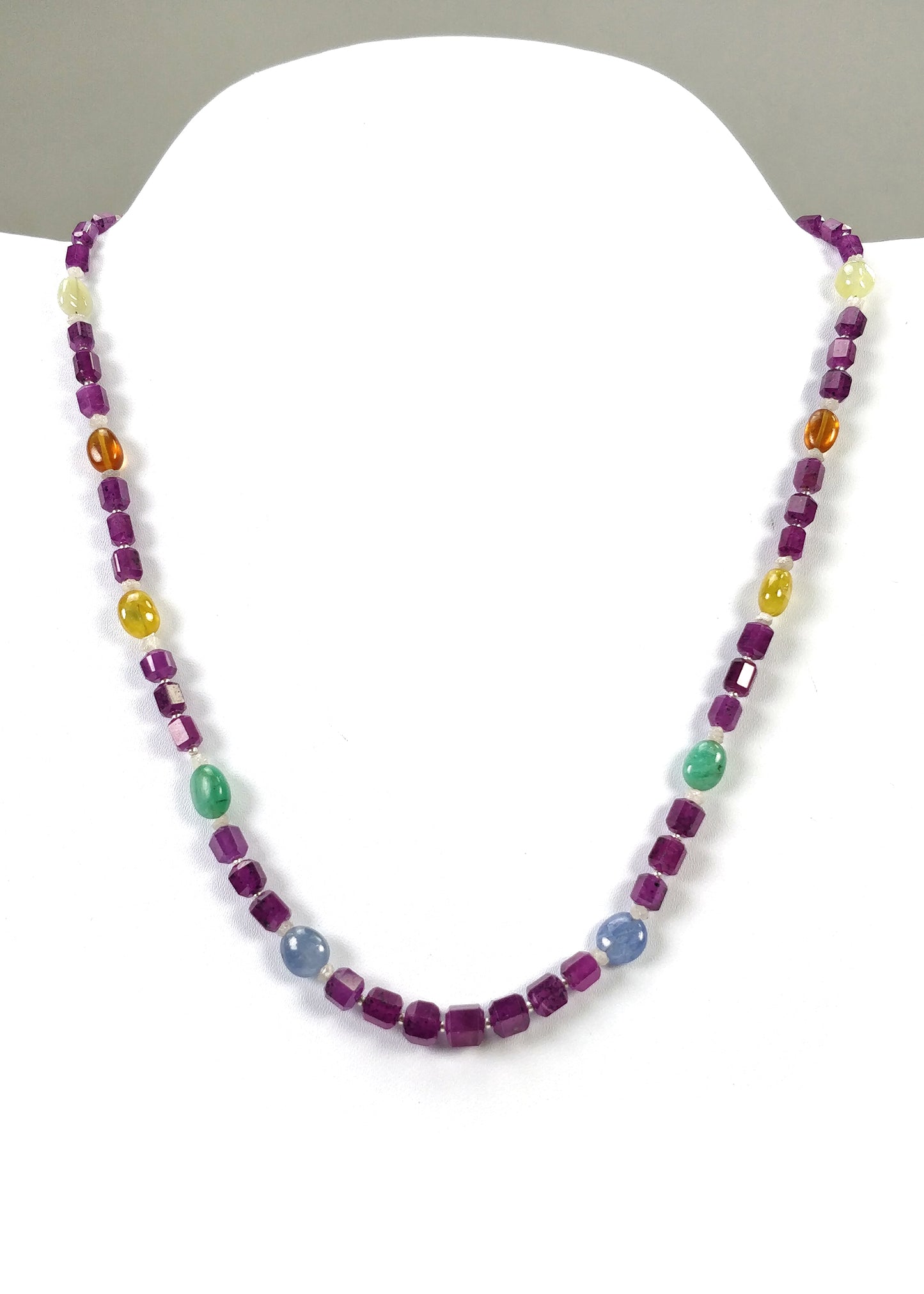 Multi Sapphire Hessonite Coral Diamond Emerald Cat's Eye Pearl Nav Ratan Necklace : 25.60gms Natural 4.5mm - 9*7mm 19.5"