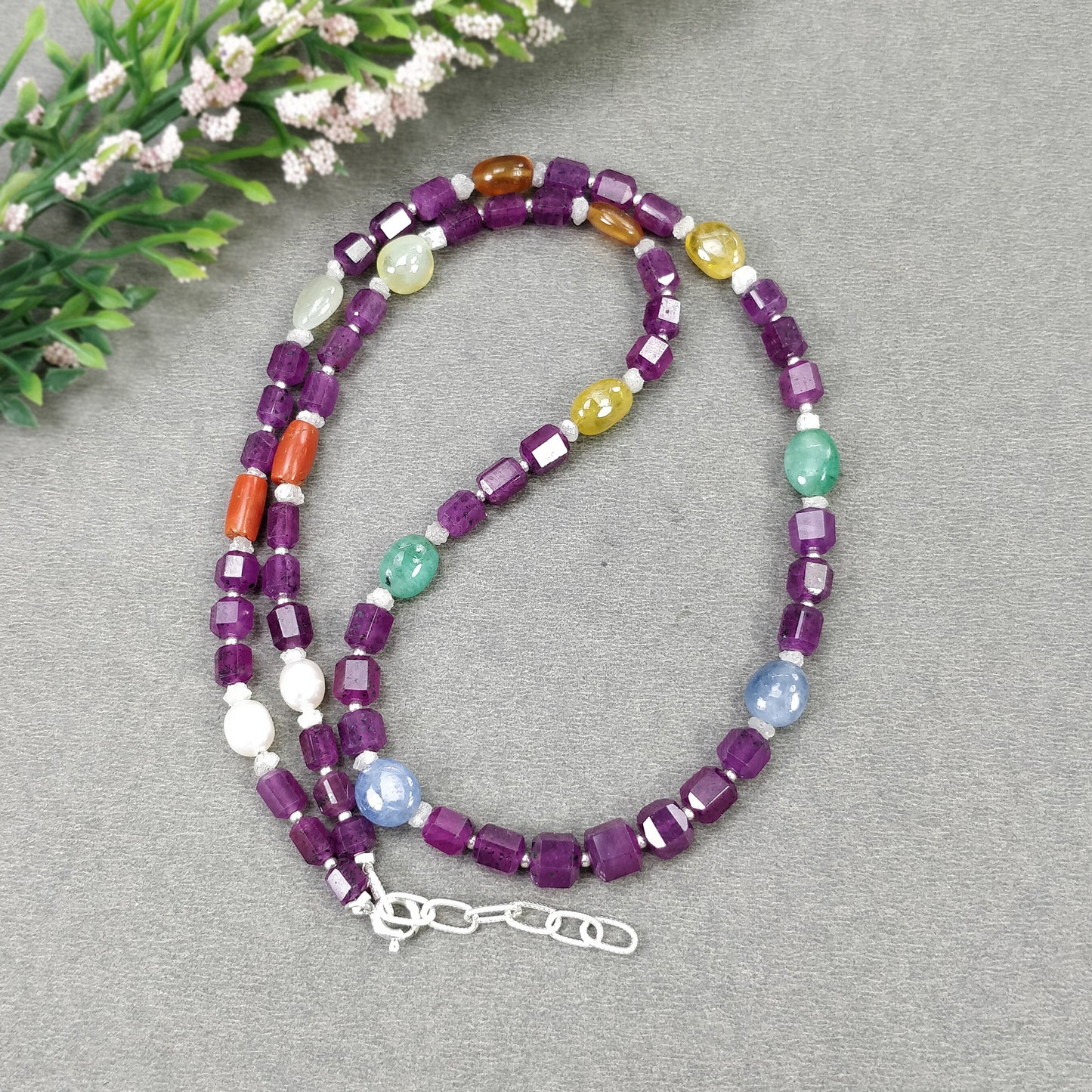 Multi Sapphire Hessonite Coral Diamond Emerald Cat's Eye Pearl Nav Ratan Necklace : 25.60gms Natural 4.5mm - 9*7mm 19.5"
