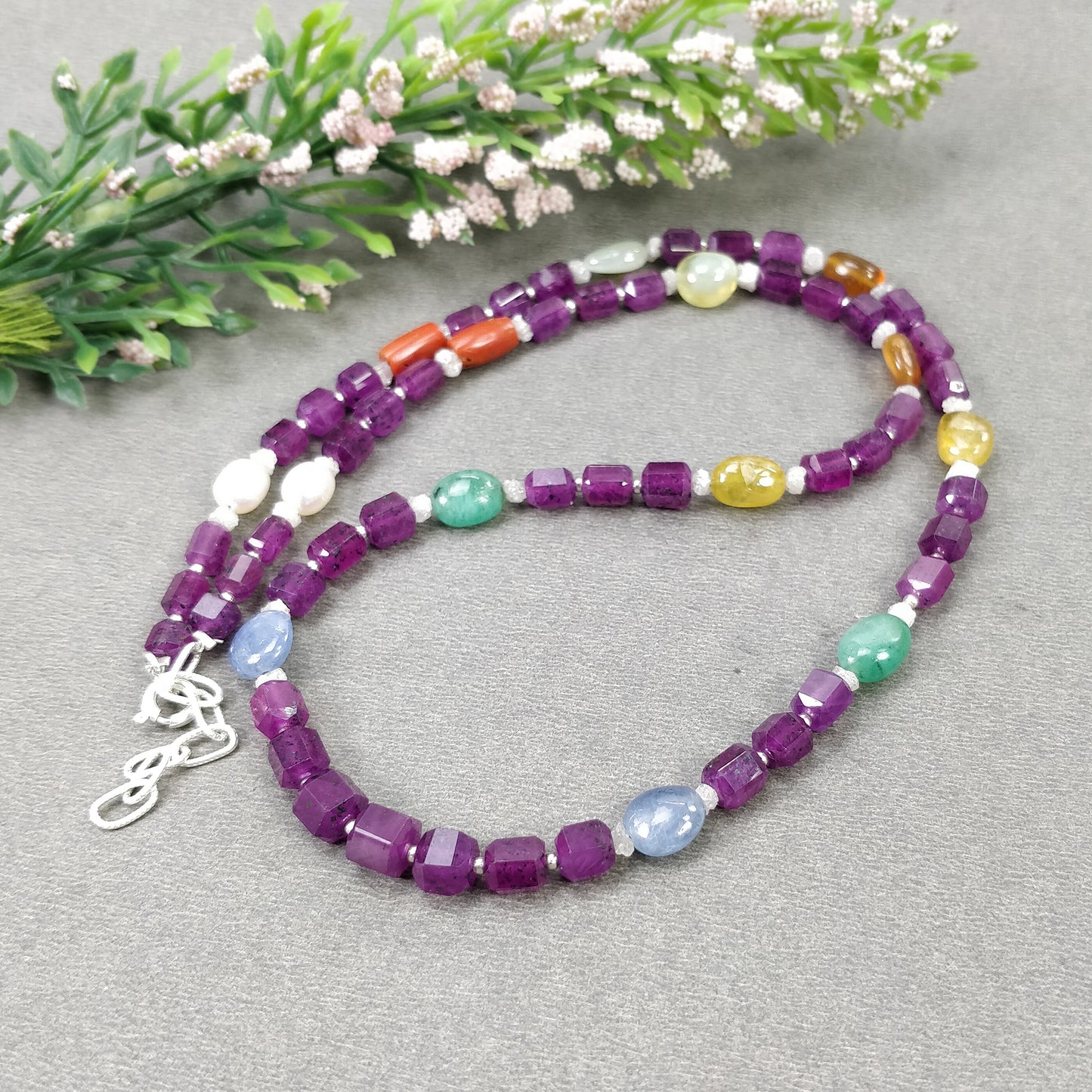 Multi Sapphire Hessonite Coral Diamond Emerald Cat's Eye Pearl Nav Ratan Necklace : 25.60gms Natural 4.5mm - 9*7mm 19.5"