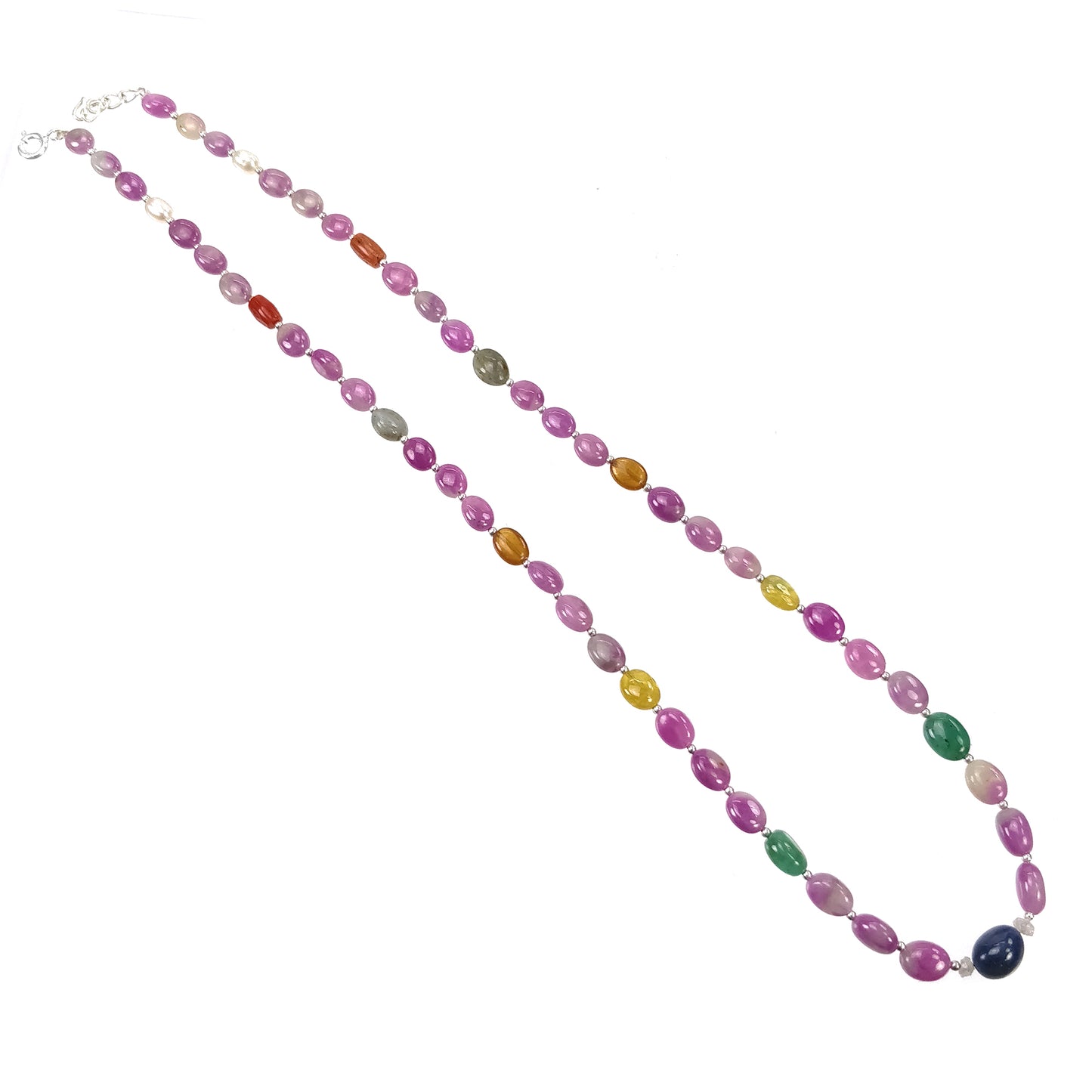 Multi Sapphire Hessonite Garnet Coral Diamond Emerald Cat's Eye Pearl Nav Ratan Necklace: 19.09gms Natural 9*7mm 18"
