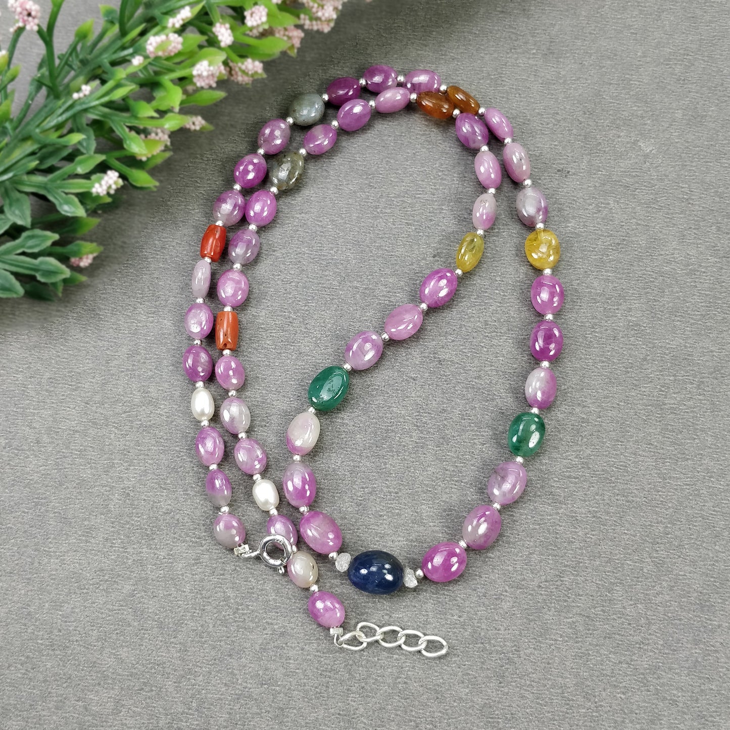 Multi Sapphire Hessonite Garnet Coral Diamond Emerald Cat's Eye Pearl Nav Ratan Necklace: 19.09gms Natural 9*7mm 18"