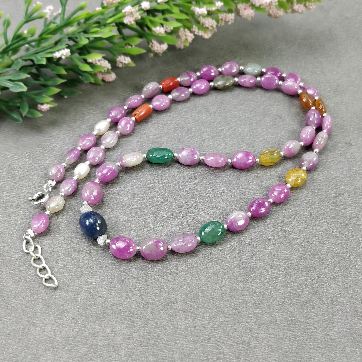 Multi Sapphire Hessonite Garnet Coral Diamond Emerald Cat's Eye Pearl Nav Ratan Necklace: 19.09gms Natural 9*7mm 18"