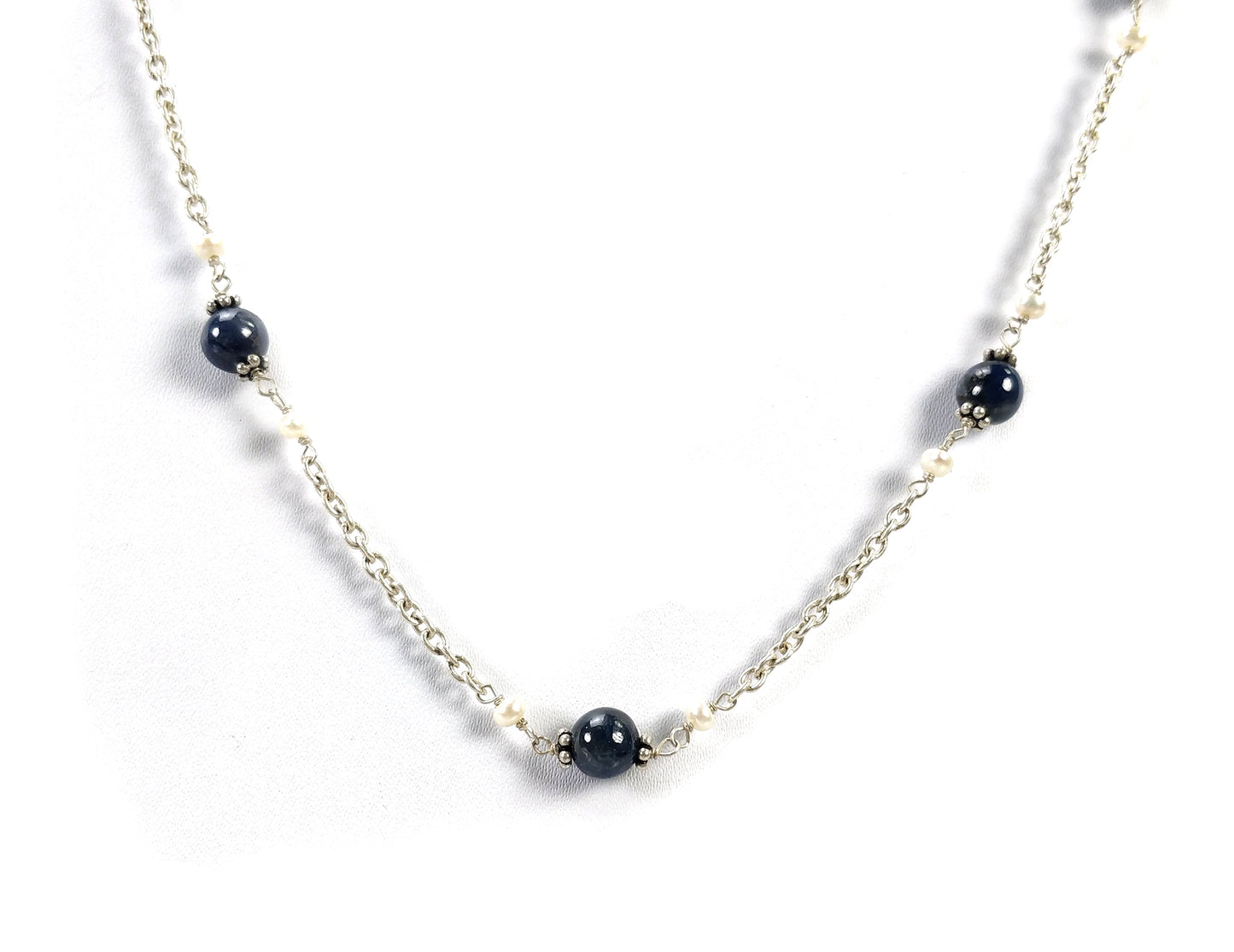 BLUE SAPPHIRE PEARL Silver Chain Necklace : 18" Natural Blue Sapphire Round Balls Pearl Beads Silver Chain Necklace Gift for Her