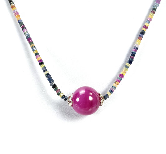 925 Sterling Silver Gemstone Beads Necklace : 17" Natural Multi Sapphire Ruby Ball Pendant Bead Chain Necklace Gift For Her