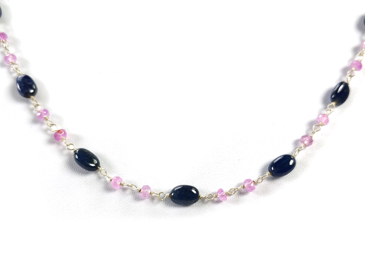 PINK BLUE SAPPHIRE  Gemstones Beads Necklace : Natural Blue Sapphire Beads Sterling Silver Chain Necklace 17" Gift For Her