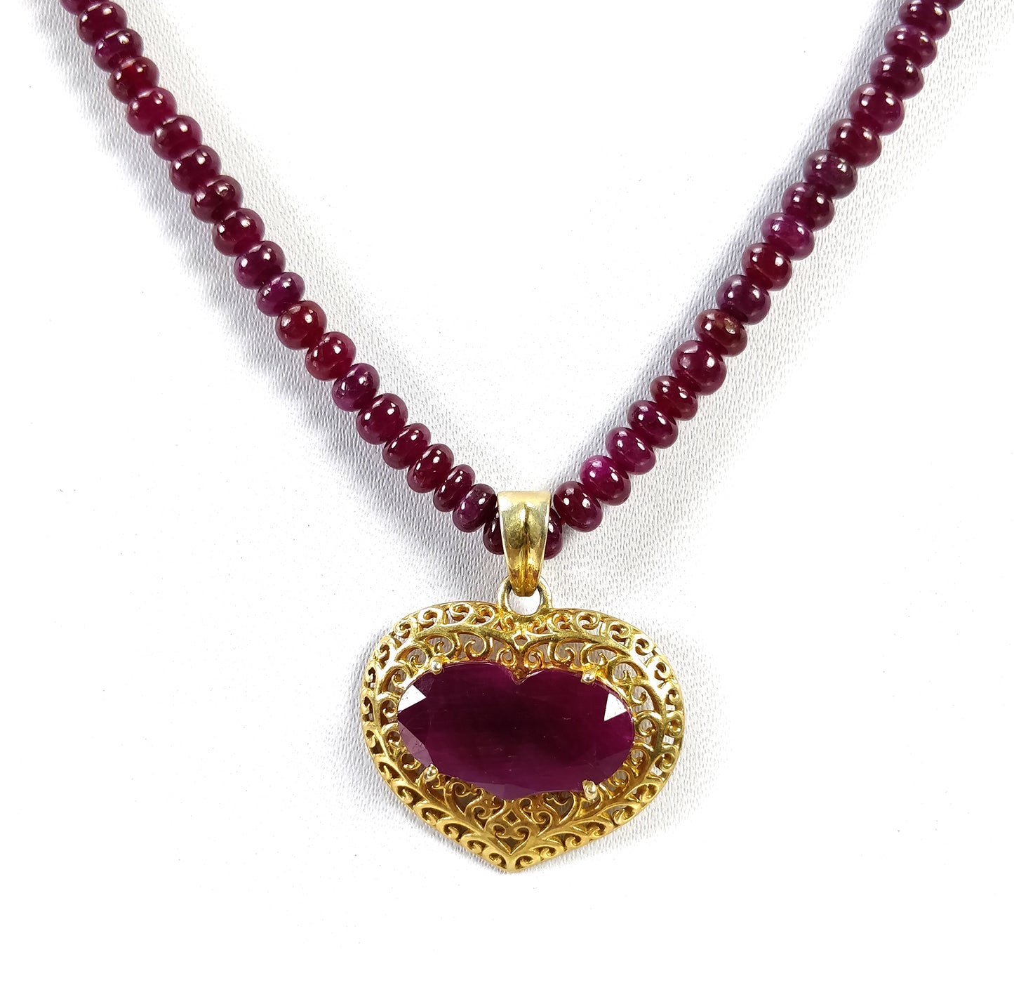 RUBY BEADS NECKLACE : 17" Genuine Natural Ruby Round Beads Necklace Heart Shape Pendant Prong Set 925 Sterling Silver Jewellery