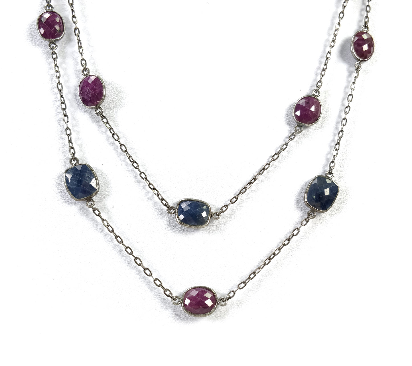 Blue SAPPHIRE Red RUBY Gemstones Chain Necklace : 925 Sterling Silver Natural Sapphire & Ruby Checker Cut 37" OXIDIZED Necklace