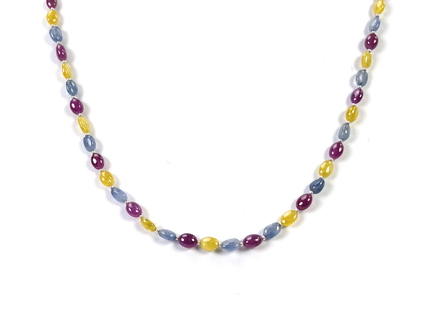 Yellow Blue SAPPHIRE & RUBY Gemstone NECKLACE : 17.71gms Natural Oval Plain Beads Sapphire With 925 Sterling Silver 5*4mm - 8*5mm 18"