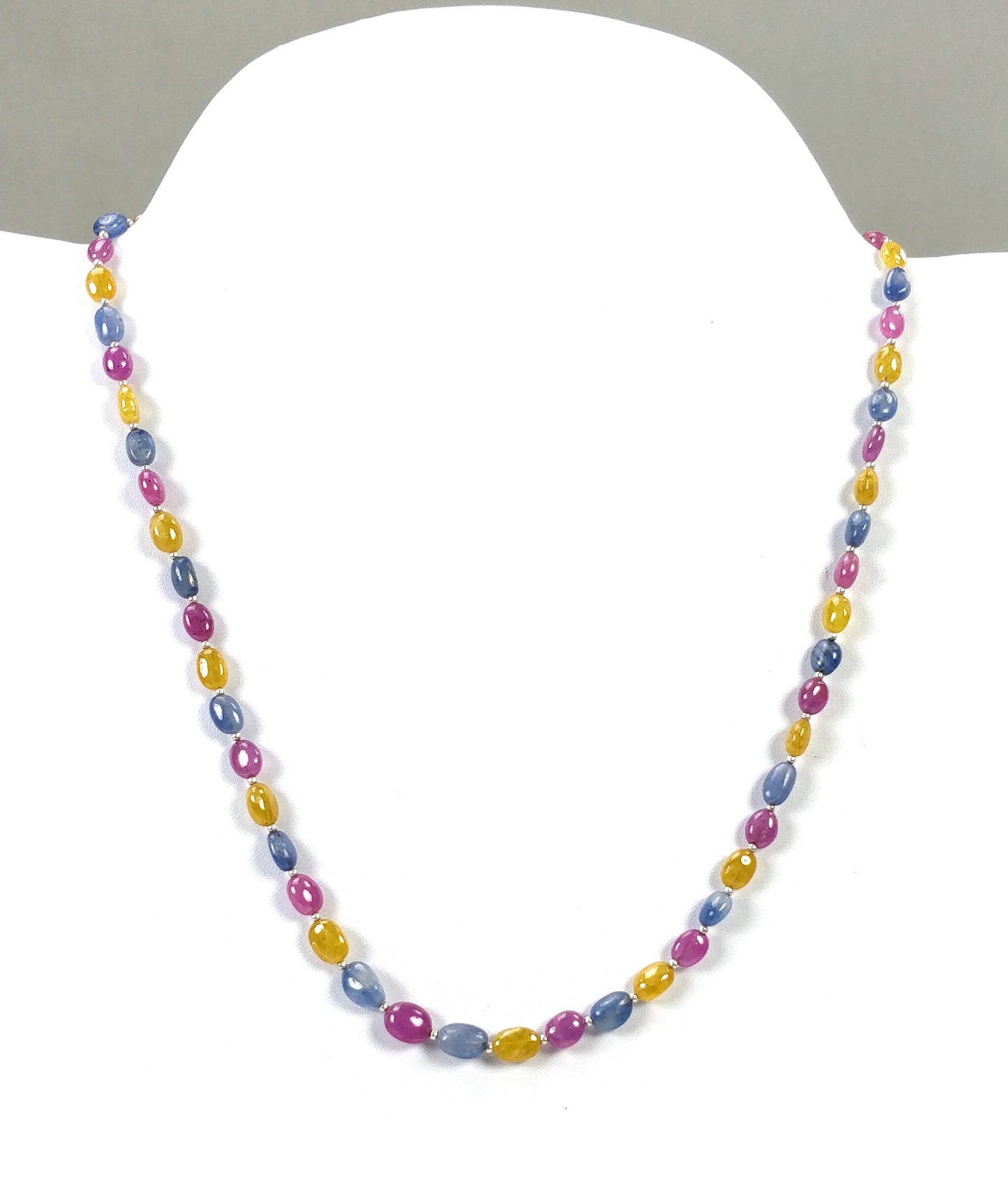 Yellow Blue SAPPHIRE & RUBY Gemstone NECKLACE : 19.17gms Natural Oval Plain Beads Sapphire With 925 Sterling Silver 6*5mm - 8.5*6.5mm 19"