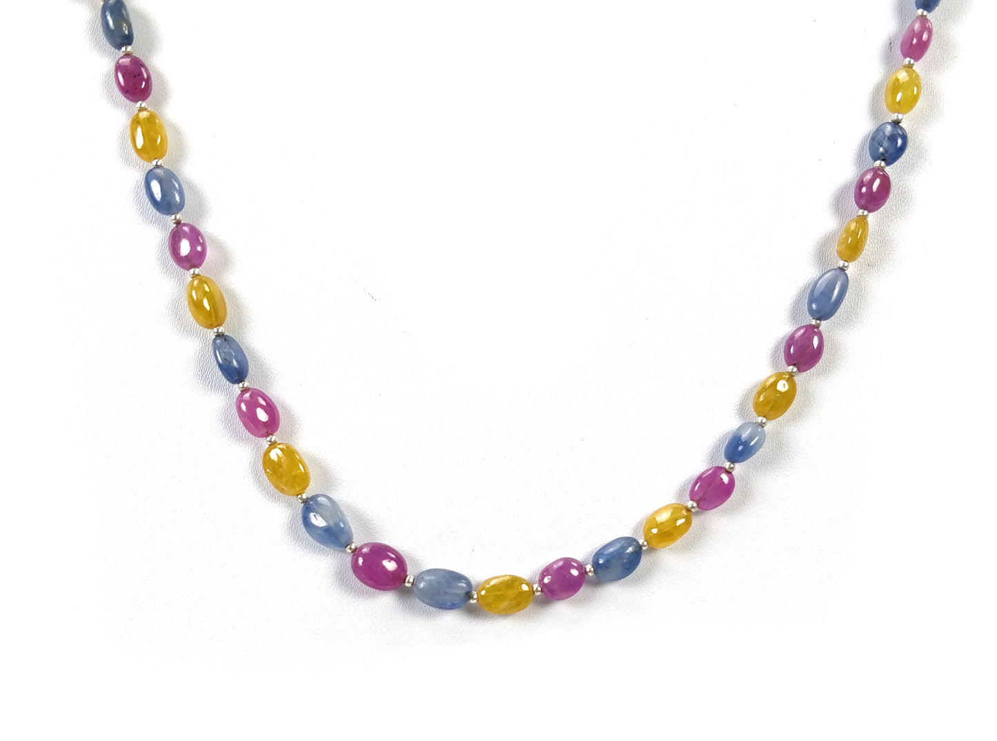 Yellow Blue SAPPHIRE & RUBY Gemstone NECKLACE : 19.17gms Natural Oval Plain Beads Sapphire With 925 Sterling Silver 6*5mm - 8.5*6.5mm 19"