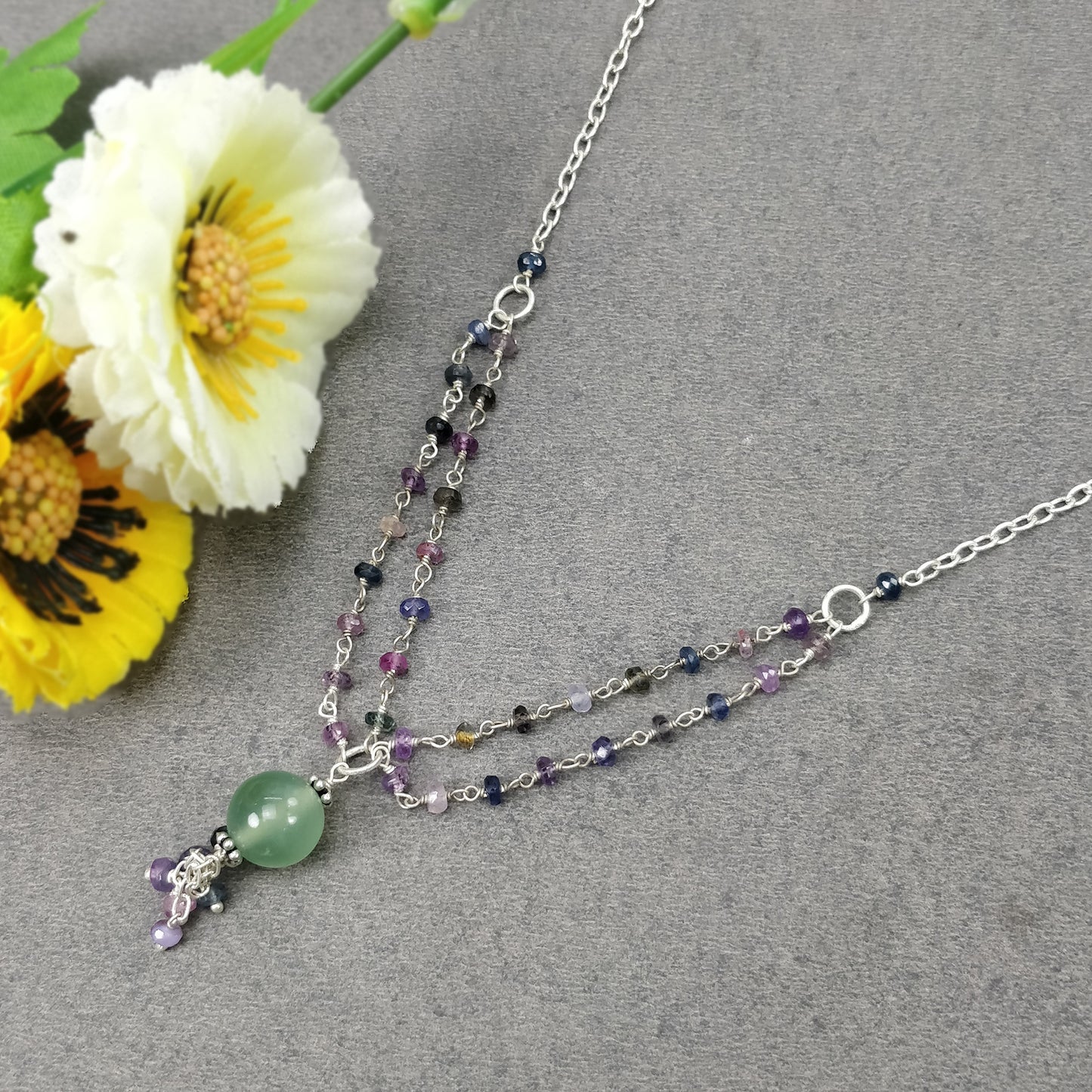 Multi Sapphire & Serpentine Gemstone Beads Chain NECKLACE : 36.80cts Natural Untreated With 925 Sterling Silver Necklace 3mm - 10mm 21"