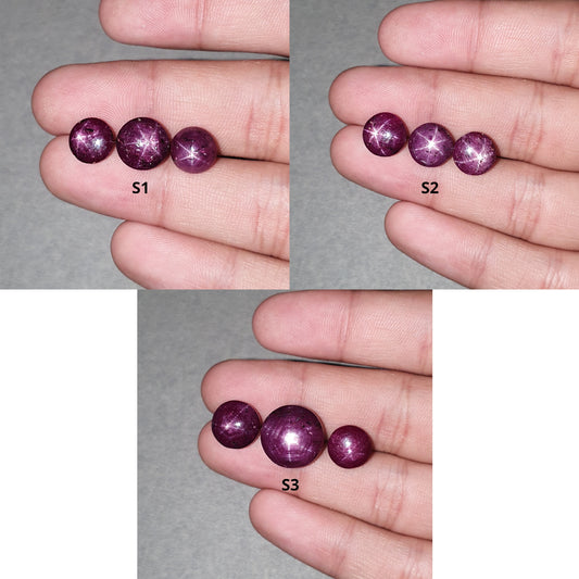 Star Ruby Gemstone Cabochon : Natural Untreated Unheated Red 6Ray Star Ruby Round Shape 3pcs Set