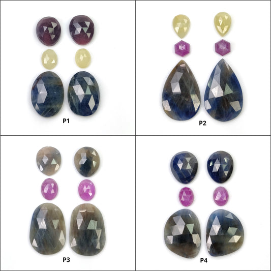 MULTI SAPPHIRE Gemstone Rose & Step Cut : Natural Untreated Unheated Sapphire Bi-Color Uneven Pear Oval Shape 6pcs