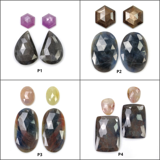 MULTI SAPPHIRE Gemstone Rose & Step Cut : Natural Untreated Unheated Sapphire Bi-Color Cushion Hexagon Oval Shape 4pcs
