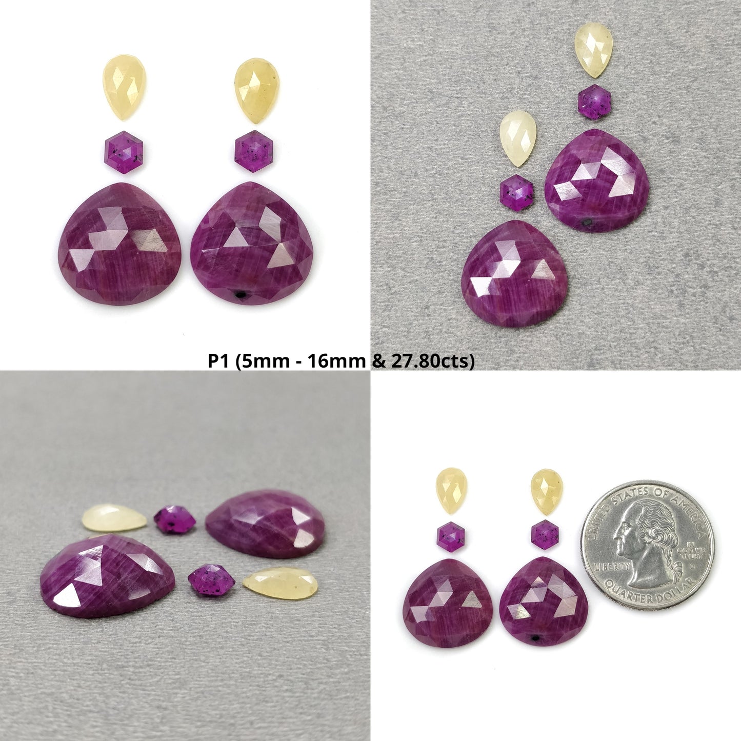 RED RUBY And Silver Multi SAPPHIRE Gemstone Rose & Step Cut : Natural Untreated Unheated Ruby Pear Hexagon Shape 6pcs