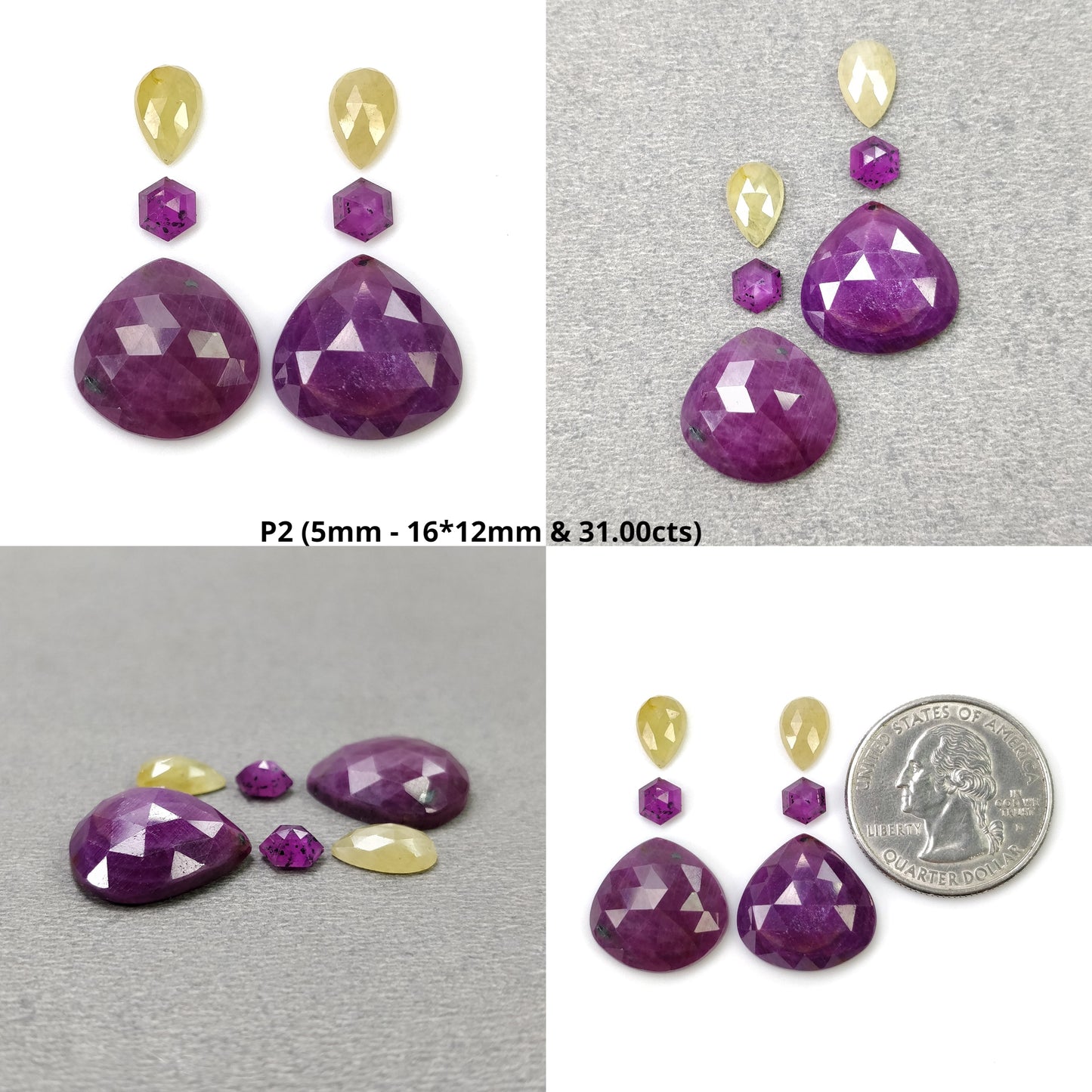 RED RUBY And Silver Multi SAPPHIRE Gemstone Rose & Step Cut : Natural Untreated Unheated Ruby Pear Hexagon Shape 6pcs