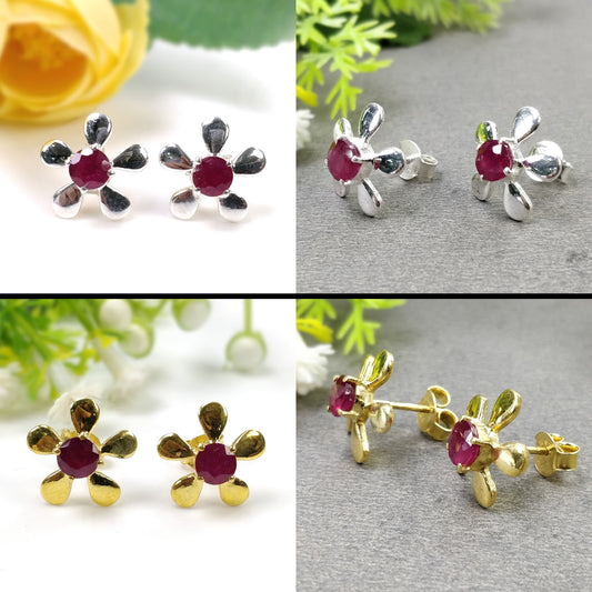 RUBY Gemstone 925 Sterling Silver Earrings : Natural Glass Filled Prong Set Silver & Yellow Gold Plated Push Back Floral Stud Earrings 0.5"