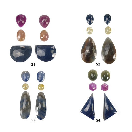 Sapphire Gemstone Rose & Step Cut : Natural Untreated Unheated Multi Sapphire Bi-Color Pear Oval Uneven Shape 6pcs Sets
