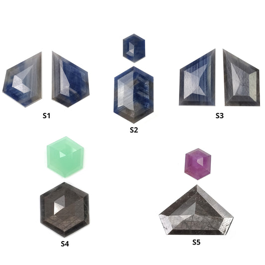Sapphire Gemstone Step Cut : Natural Untreated Unheated Blue And Silver Sapphire Uneven Hexagon Shape Sets