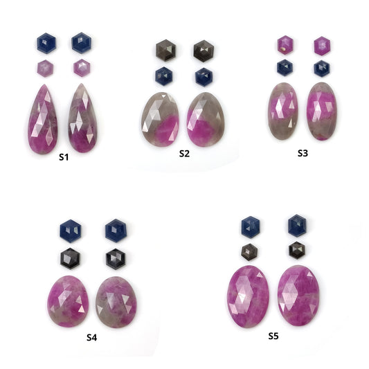 MULTI SAPPHIRE Gemstone Rose & Step Cut : Natural Untreated Unheated Sapphire Bi-Color Hexagon Oval Pear Shape 6pcs Set