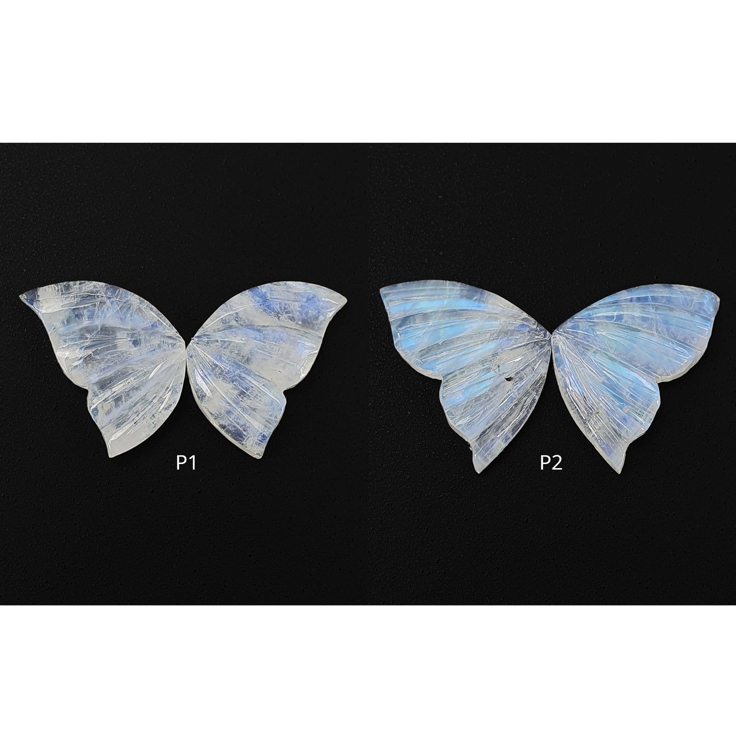 RAINBOW MOONSTONE Gemstone Carving : Natural Untreated Unheated Moonstone Hand Carved BUTTERFLY Pair