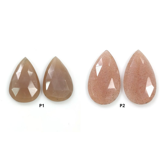 PEACH And BROWN MOONSTONE Gemstone Rose Cut : Natural Untreated Unheated Moonstone Pear Shape Pair
