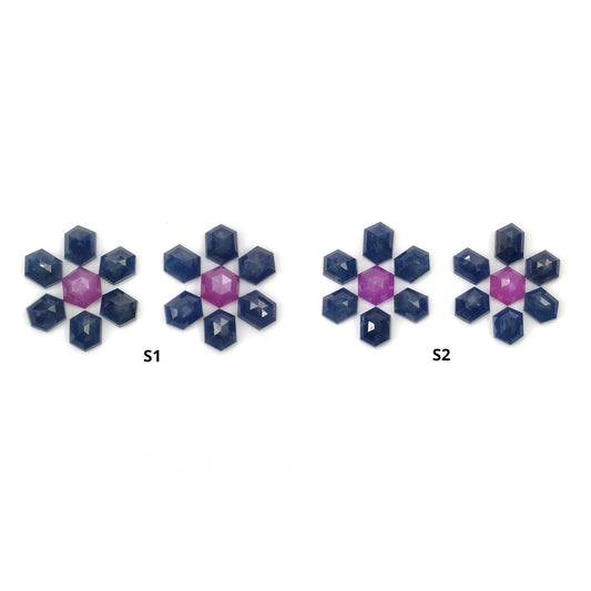 Sapphire Gemstone Step Cut : Natural Untreated Blue & Raspberry Pink Sapphire Hexagon Shape 14pcs Sets