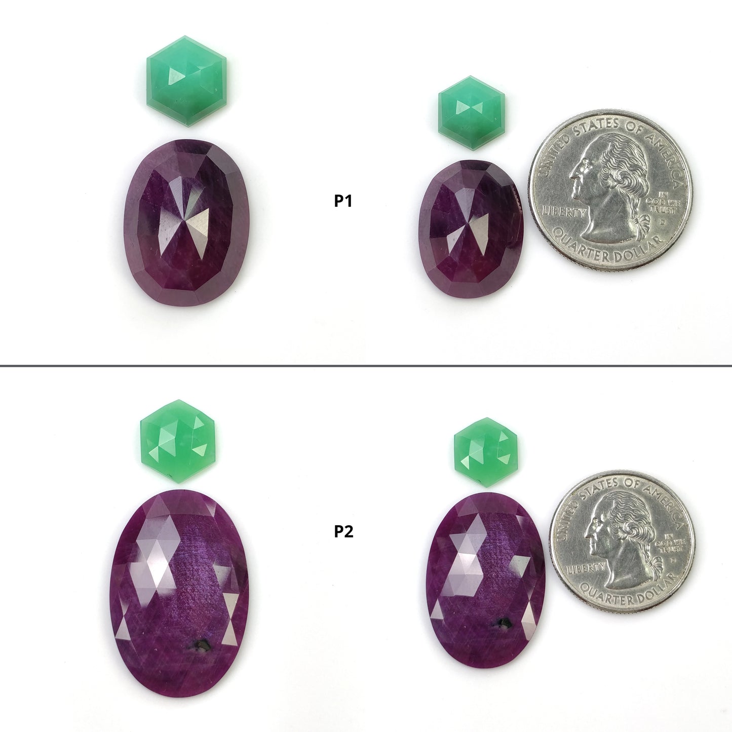 RED RUBY & CHRYSOPRASE Gemstone Rose Cut : Natural Untreated Unheated Ruby Round Egg Hexagon Shape 2pcs