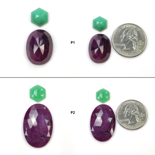 RED RUBY & CHRYSOPRASE Gemstone Rose Cut : Natural Untreated Unheated Ruby Round Egg Hexagon Shape 2pcs