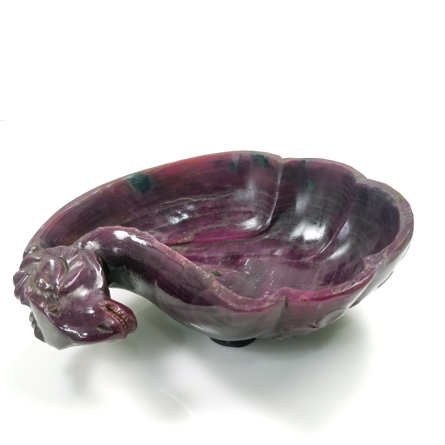 Red RUBY Gemstone Sculpture : 164.00gms Natural Untreated Ruby Hand Carved Dragon Ram Head With Flower BOWL Sculpture Figurine 91*64mm*31(h)