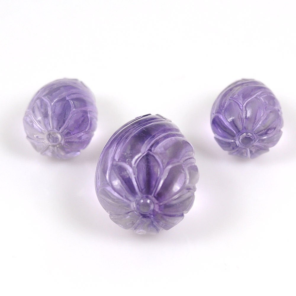 Purple AMETHYST Gemstone Carving : 84.50cts Natural Untreated Amethyst Hand Carved Tear Drops 18mm - 26mm 3pcs (With Video)